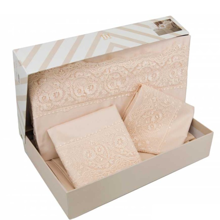 Постельное белье Tivolyo с кружевом "Elegant", семейное, бежевый