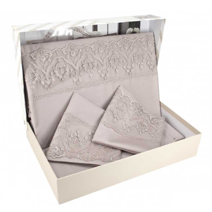 Постельное белье Tivolyo с кружевом "Lina", семейное, коричневый