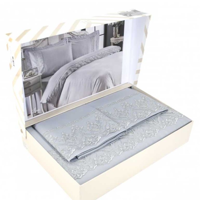 Постельное белье Tivolyo с кружевом "Lina", 2-х спальное (евро), серый