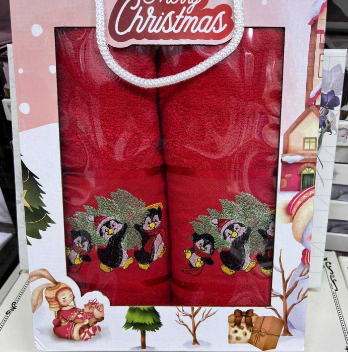 Набор полотенец "Merry Christmas" пингвины, 2 шт, красный