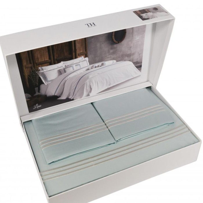 Постельное белье Tivolyo с вышивкой "Line", 2-х спальное (евро), бирюзовый