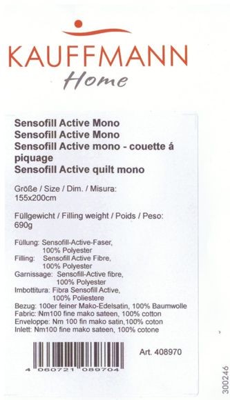 Одеяло Kauffmann двойное хлопок "Sensofill Active Mono", 155x200 см, всесезонное