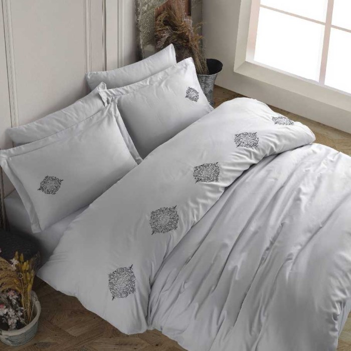 Постельное белье Hobby с вышивкой "Premium Azra", 2-х спальное (евро), серый
