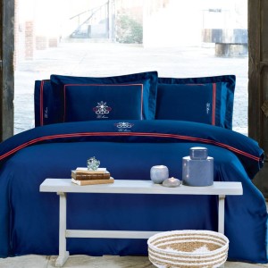 Постельное белье TIVOLYO с вышивкой "NAVY", 2-х спальное (евро), синий