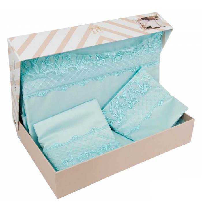 Постельное белье Tivolyo с кружевом "Olivia", семейное, бирюзовый