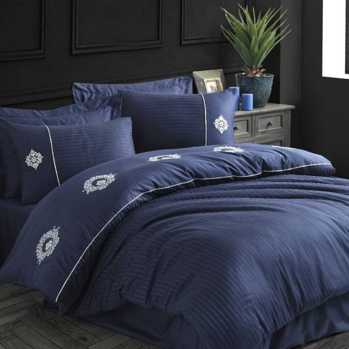Постельное белье Hobby с вышивкой "Elegant Olimpos", 2-х спальное (евро), темно-синий