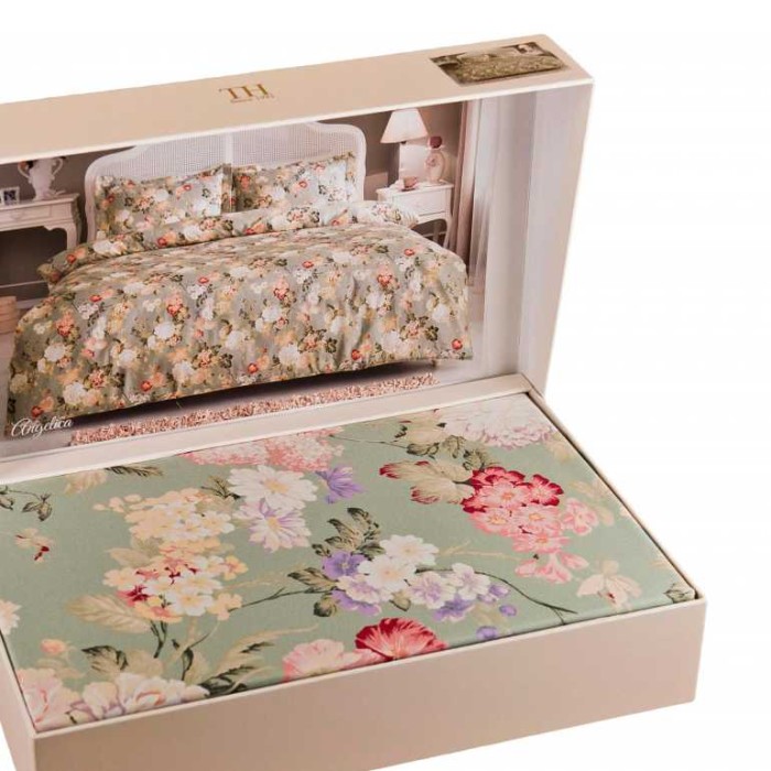 Постельное белье Tivolyo жатый шелк "Angelica", семейное, зеленый